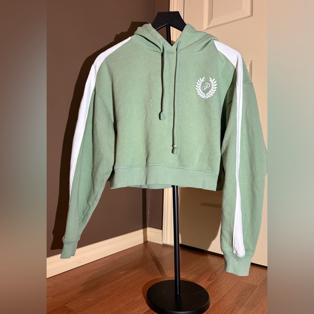 PINK Victoria's Secret Cropped Sage Green Hoodie with White Stripes
